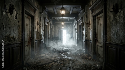 Abandoned dark hotel hallway with debris