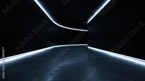 Empty dark modern interior hallway with glowing neon strip lighting on the walls.