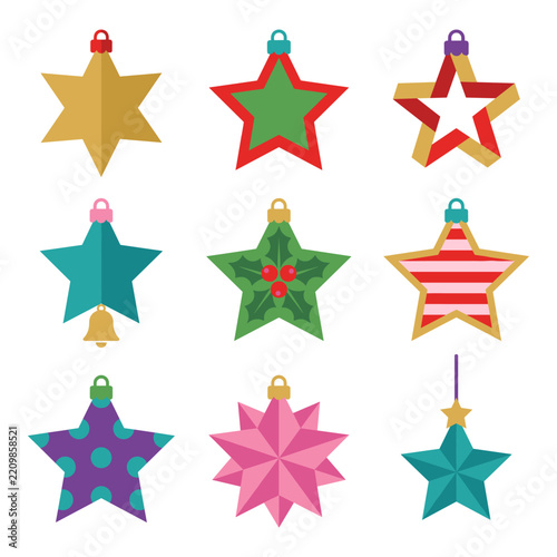Set of nine colorful christmas star ornaments perfect for holiday decorations and festive graphic designs.