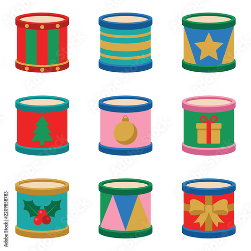 Collection of festive christmas drums decorated with stripes trees stars gifts and ornaments for holiday toy theme.
