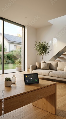 Modern Smart Home Energy Management System with Tablet Controller in Minimalist Living Room