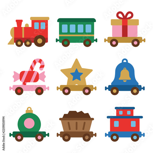 Christmas train set with engine carriages gift candy cane star bell and coal car for holiday transportation theme.