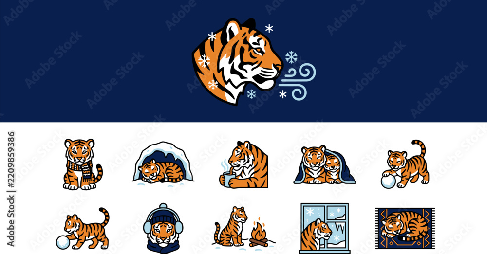 Fototapeta premium Flat vector icon set of tiger head, colorful lineal color symbols as editable graphic elements for web and apps