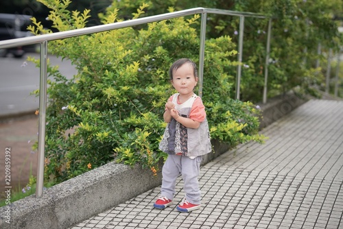 Obraz na płótnie 緑の遊歩道に立つ幼児｜屋久島で暮らす子どもの日常