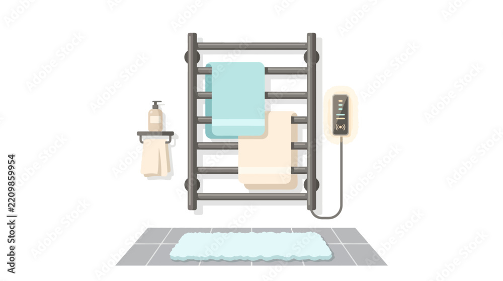 Obraz premium Modern smart electric towel warmer with digital control panel and towels in bathroom flat vector illustration