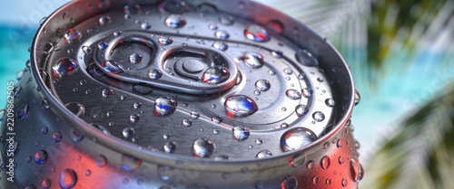 A close-up macro shot of a cold aluminum beverage can covered in fresh condensation droplets against a blurred tropical beach background for summer refreshment themes.