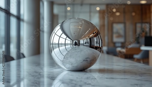 Polished chrome sphere reflecting a modern bright office corridor sits elegantly on a smooth white marble table top surface today