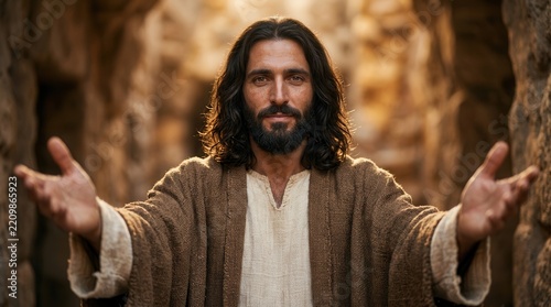 Jesus Christ standing with arms outstretched toward the viewer in a spiritual setting.