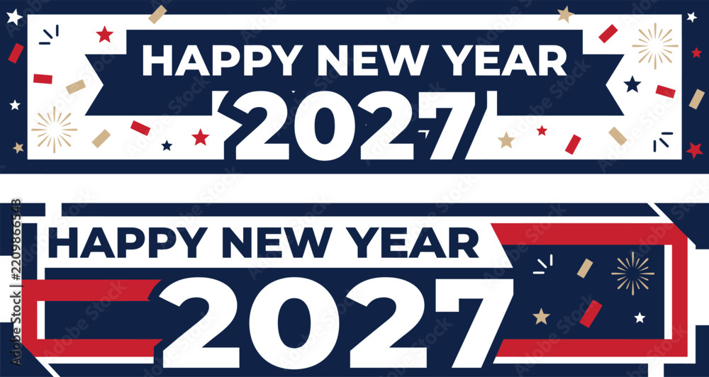 Obraz premium Happy New Year 2027 patriotic-inspired rectangular typography banner collection with bold numbers, stars, stripes and festive celebration decorations for holiday designs