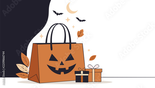 Halloween Retail Sale Banner with Pumpkin Shopping Bag and Gift Boxes