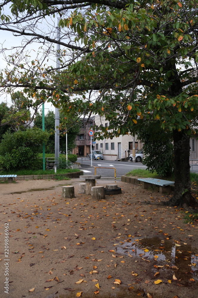 Obraz premium Autumn park scene with fallen yellow leaves on the ground, wooden picnic table, and benches in Osaka, Japan. 
