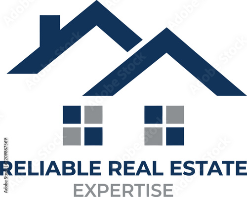 Real estate logo design with house roof icon and professional text on