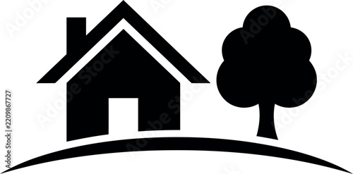Minimalist house and tree icon silhouette isolated on a white