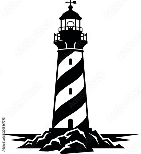 Black and white lighthouse silhouette icon isolated on a white