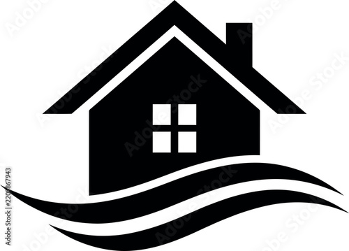 Minimalist house icon with wave graphic element on a white background