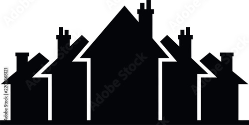 Black silhouette of residential houses isolated on a white background