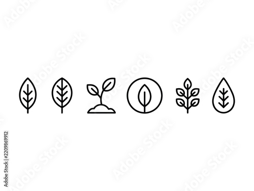 Six different black leaf and plant icons in a minimalist line art style for ecology, nature, and organic concepts, presented in a clean, modern vector illustration set
