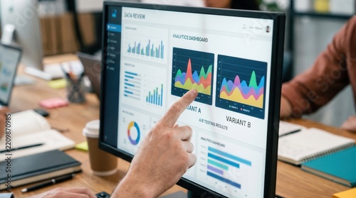 cross functional agile team concept. Person pointing at data charts on computer screen in office setting
