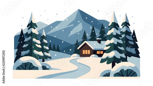 Cozy winter cabin in snowy mountain landscape with pine trees and falling snow