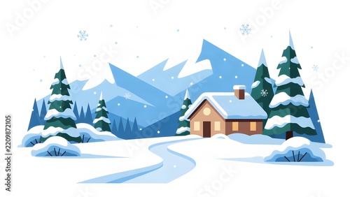 Winter landscape illustration with snowy cabin house and pine trees in mountains