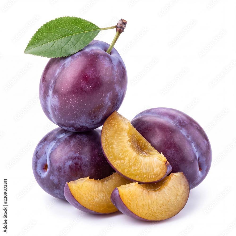 Fototapeta premium Composition of fresh ripe purple plums with green leaf and juicy slices isolated on white background. Sweet delicious organic summer fruits, perfect for healthy diet, nutrition, and food packaging.