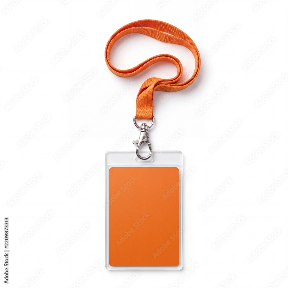 Fototapeta premium Blank Orange ID Card Mockup with Matching Neck Lanyard and Clear Plastic Badge Holder for Corporate Identity and Event Access Isolated on White Background