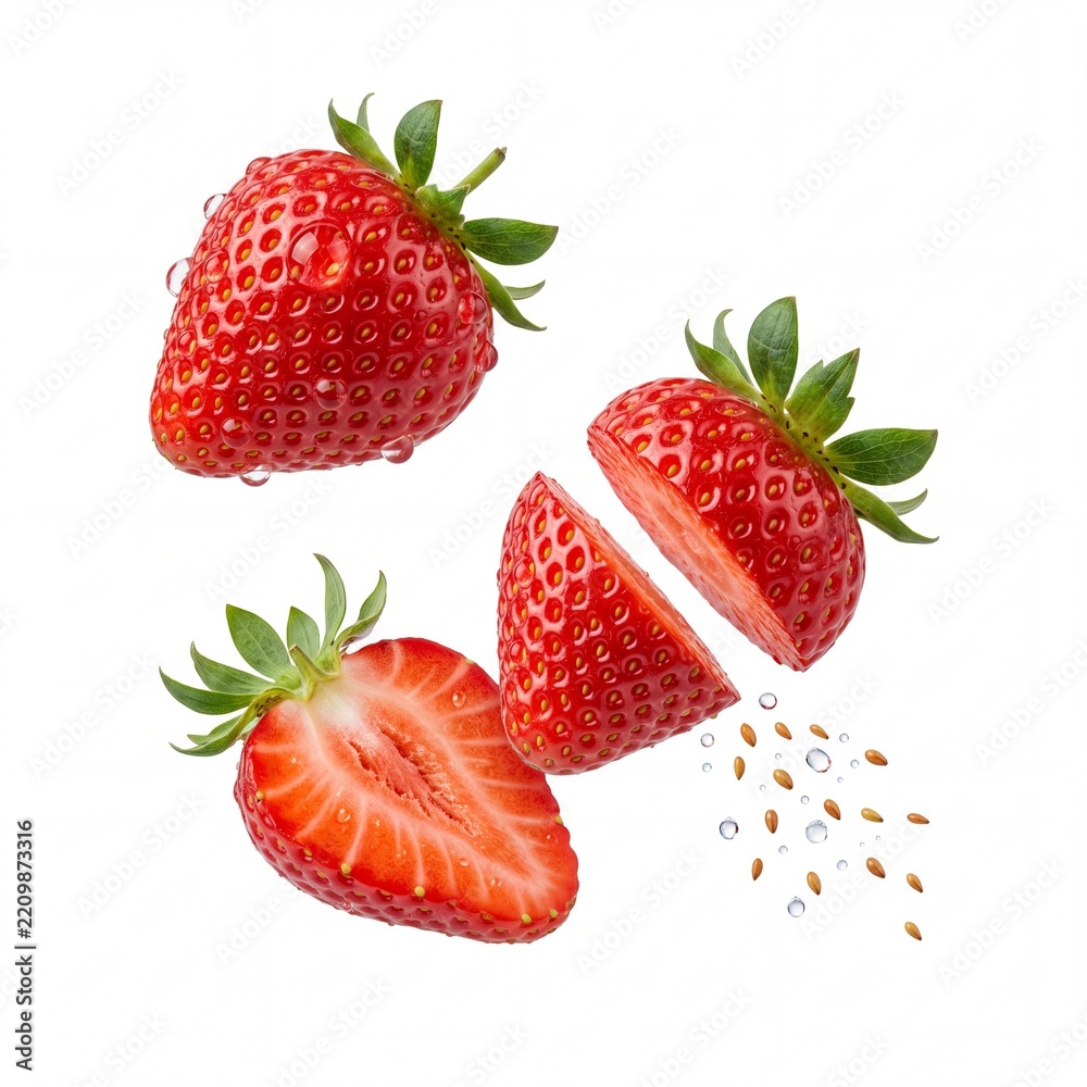 Naklejka premium Fresh Juicy Red Strawberries with Water Drops and Slices Falling and Levitating in the Air Isolated on White Background for Healthy Eating, Smoothie, and Dessert Fruit Concept Design