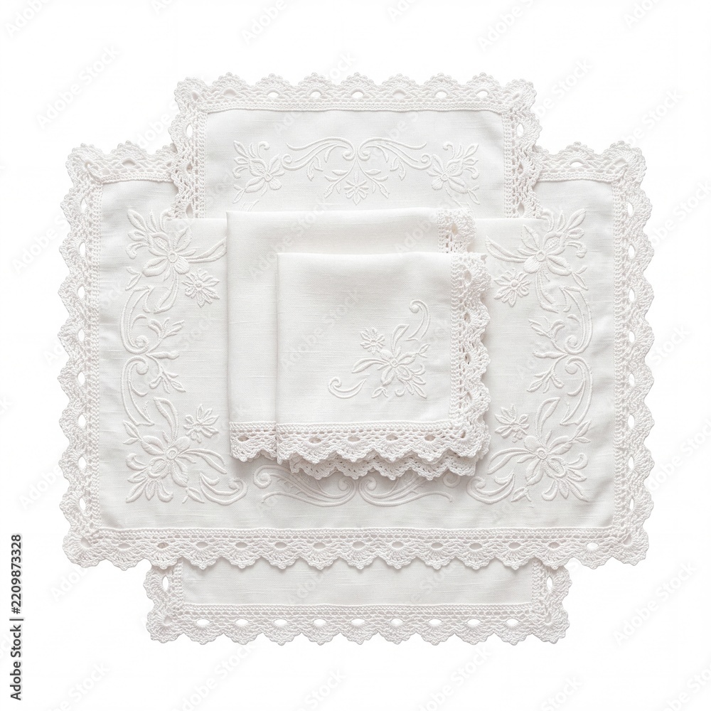 Fototapeta premium Set of Elegant White Embroidered Linen Napkins and Doilies with Handcrafted Crochet Lace Edges and Floral Patterns, Classic Vintage Tableware for Wedding and Home Decor Isolated on White Background
