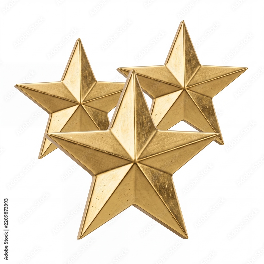 Fototapeta premium Group of Three Three-Dimensional Golden Five-Pointed Stars Isolated on a White Background, Representing Success, High Rating, Premium Quality Service, Achievement, and Festive Holiday Decoration