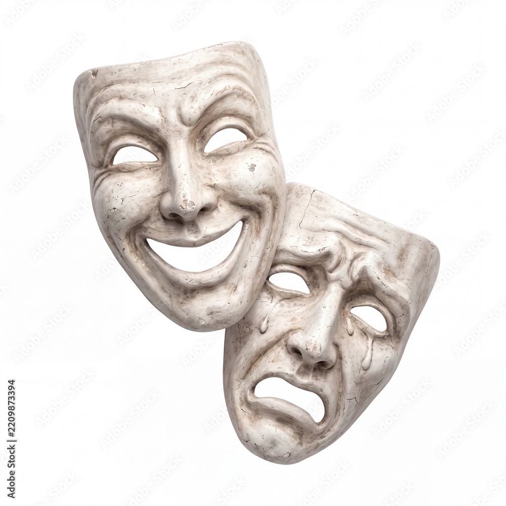 Fototapeta premium Classic Comedy and Tragedy Theater Masks Isolated on White Background, Representing Drama, Acting, and Performance Art with Detailed Stone Texture for Entertainment and Cultural Concepts.