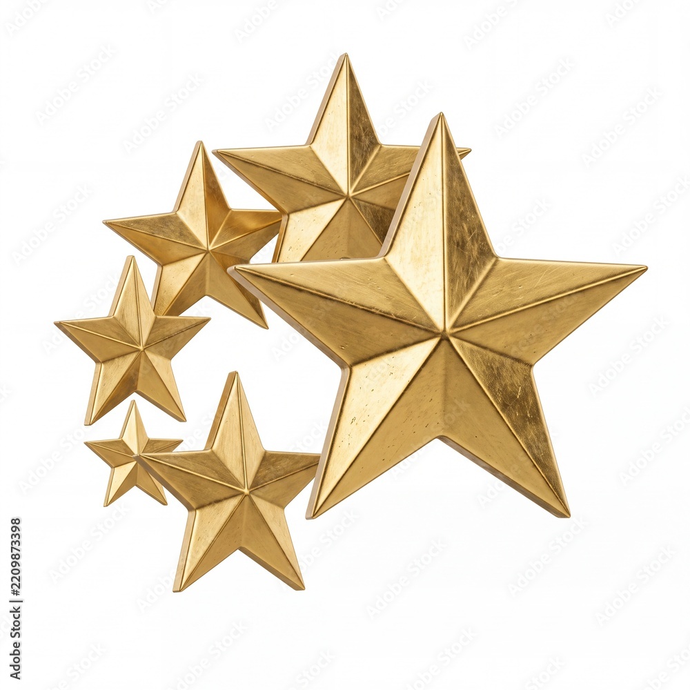 Fototapeta premium Group of Luxury 3D Golden Stars Arranged in a Dynamic Cluster Isolated on Plain White Background, Perfect for Success, Rating, Quality, Festive Decoration, and Award Recognition Design Projects