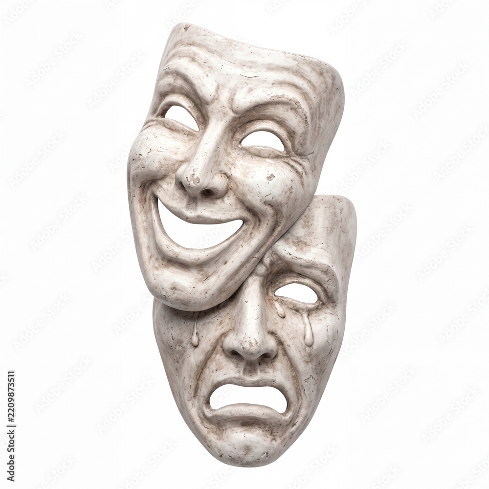 Fototapeta premium Classic theater masks of comedy and tragedy representing drama and performing arts, featuring weathered stone texture with smiling and crying expressions isolated on white background