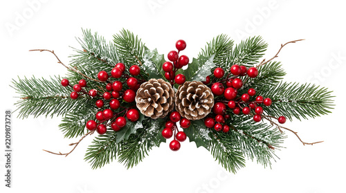 Christmas pine branch spray with pinecones and red berries on