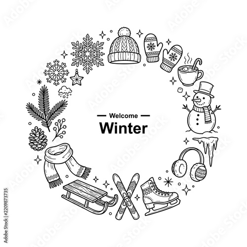 Hand Drawn Minimalist Winter Seasonal Welcome Wreath With Cute Holiday Elements