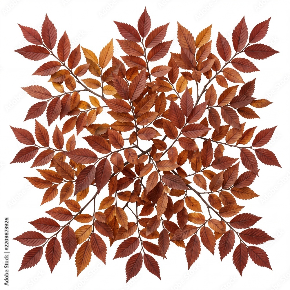 Obraz premium Symmetrical Top View of Dried Brown Autumn Leaves Arranged in a Pattern on a White Background, Collection of Fall Foliage Branches for Botanical Graphic Design and Nature Seasonal Decoration