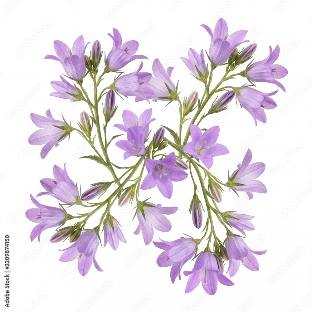 Obraz premium Beautiful purple bellflowers or campanula flowers arranged in a decorative pattern isolated on a clean white background, perfect for floral design, spring themes, and botanical illustrations.