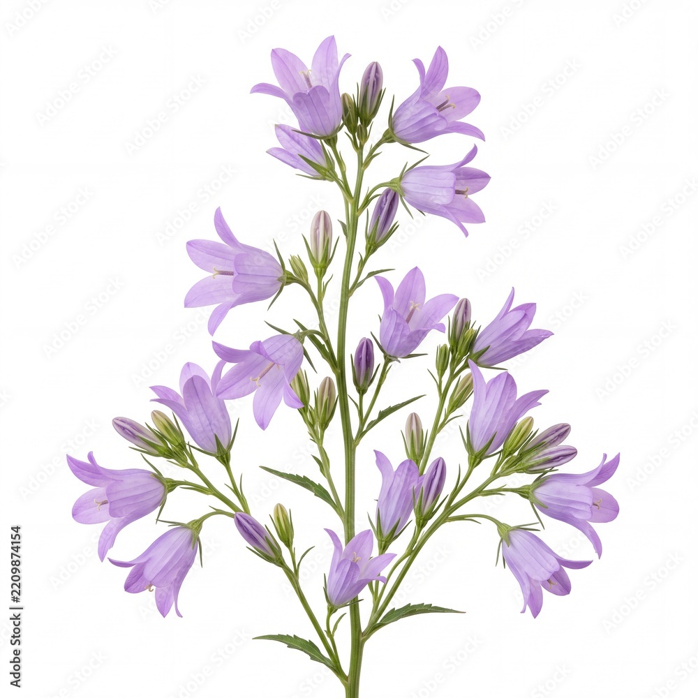 Obraz premium Beautiful Purple Bellflower (Campanula) Branch Isolated on Pure White Background, Featuring Delicate Violet Petals and Green Buds, Ideal for Botanical Design, Floral Arrangements, and Nature Decor