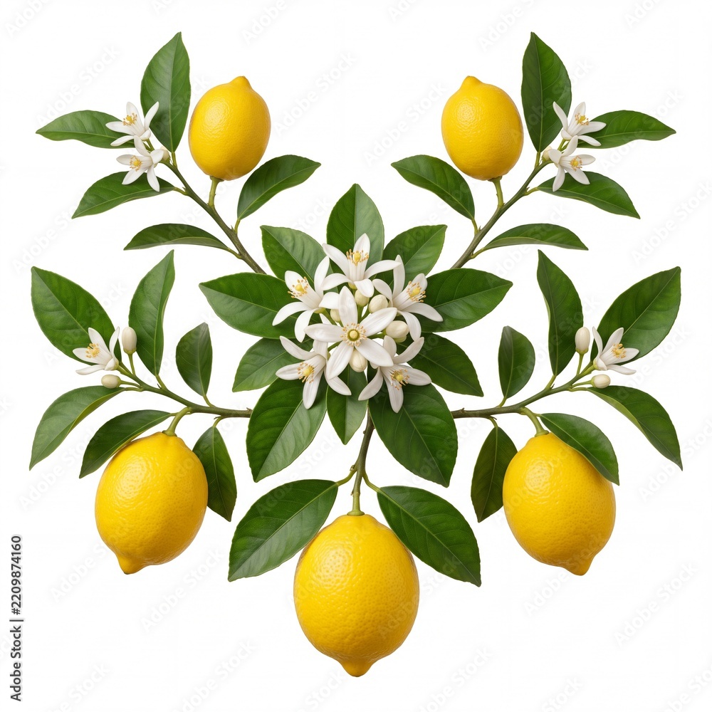 Obraz premium Symmetrical Botanical Arrangement of Fresh Yellow Lemons with Green Leaves and White Citrus Blossoms Isolated on White Background for Organic Food Packaging and Mediterranean Inspired Design