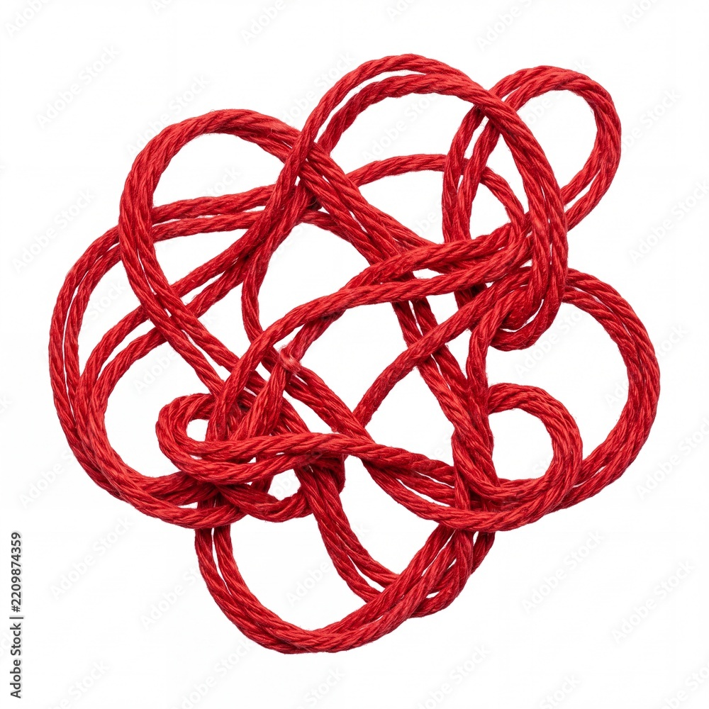 Obraz premium Tangled Red Rope or Messy Twine Isolated on White Background, Representing the Concept of Complexity, Confusion, Problem Solving, Knot Management, Business Obstacles and Twisted Connection Network
