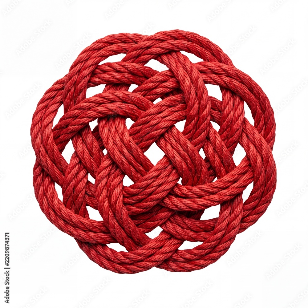 Obraz premium Intricate Red Rope Knot in Circular Decorative Pattern Isolated on White Background - Symmetrical Nautical Cord Design Representing Strength, Connection, and Craftsmanship for Artistic Projects
