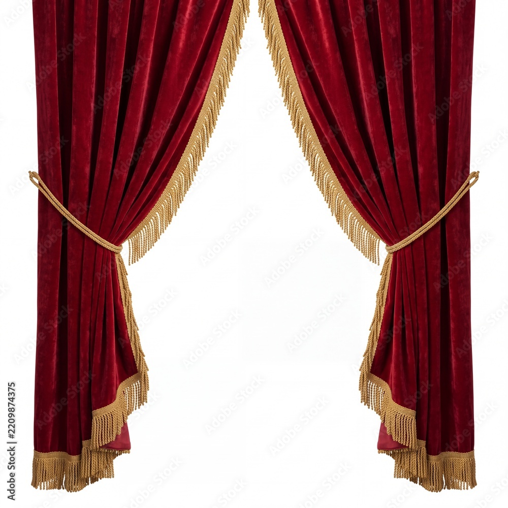 Obraz premium Elegant Red Velvet Theater Curtains with Golden Fringe and Tassels Isolated on White Background for Stage Performance, Cinema Premiere, or Award Ceremony Opening Concept