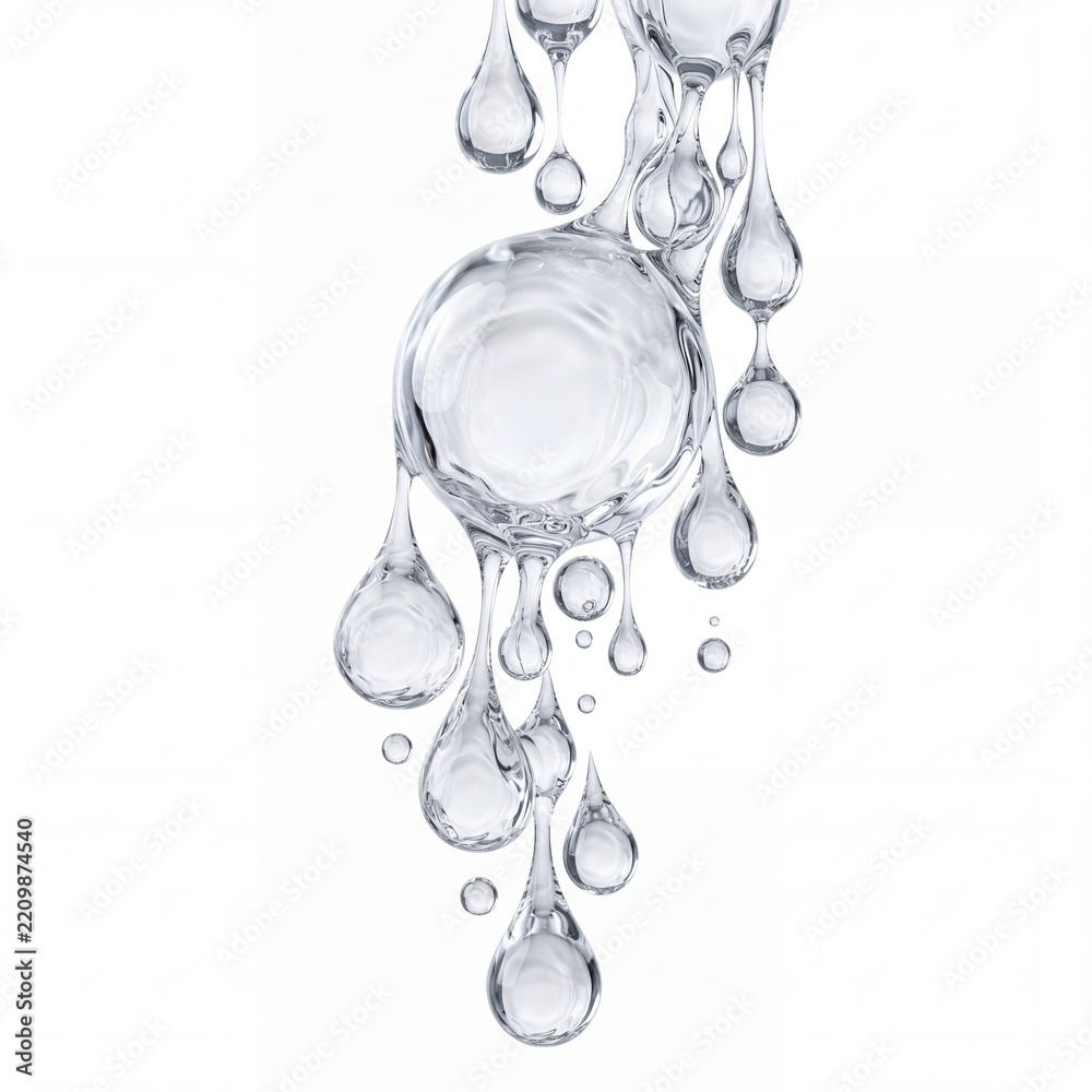 Obraz premium Clear Liquid Droplets and Bubbles Clustered Together on a Clean White Background Representing Hydration Purity and Cosmetic Serum for Skin Care Treatment and Molecular Science Research