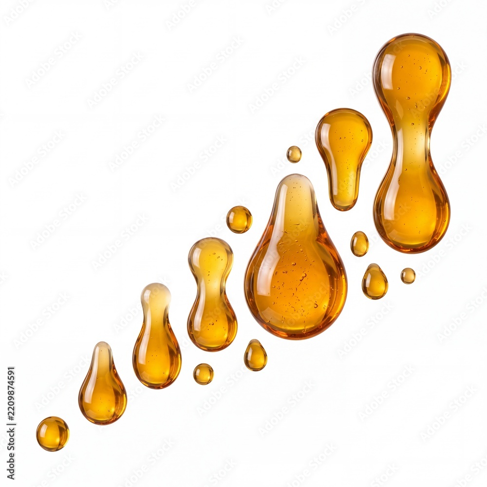 Obraz premium Set of Various Golden Viscous Liquid Droplets and Serum Bubbles Isolated on White Background for Cosmetic Essence, Honey, or Oil Supplement Product Presentation Macro Close-up Shot