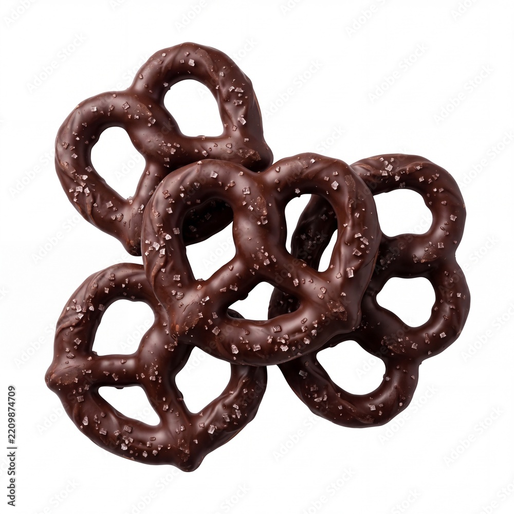 Obraz premium Delicious Stack of Dark Chocolate Covered Pretzels Sprinkled with Sea Salt Isolated on White Background, Sweet and Salty Gourmet Snack, Crunchy Baked Treat for Dessert or Party Appetizer
