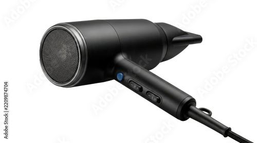 Hair dryer with short cylindrical body, broad rear intake grille, perpendicular ergonomic handle, concentrator nozzle, and clean professional styling. Photorealistic, side 3/4 view, horizontal