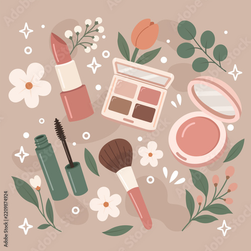 Makeup Cosmetics and Beauty Tools Floral Illustration Collection