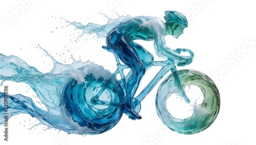 Dynamic water splash artwork featuring a cyclist riding a bicycle rendered in crystal blue aquatic fluid.