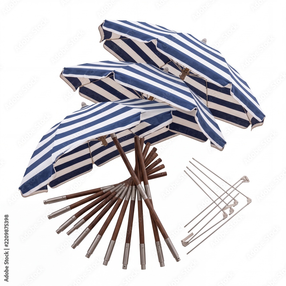 Obraz premium Bulk Set of Blue and White Striped Beach Umbrellas with Multiple Wooden Poles and Metal Frames Isolated on White Background for Commercial Outdoor Sun Protection and Summer Vacation Equipment