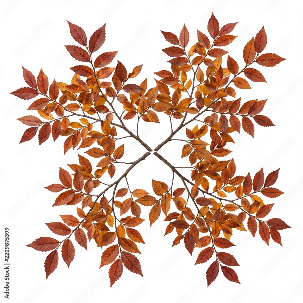 Obraz premium Symmetrical Composition of Four Autumn Tree Branches with Vibrating Orange and Brown Leaves Arranged in a Cross Shape, Isolated on Pure White Background for Seasonal Fall Design Projects