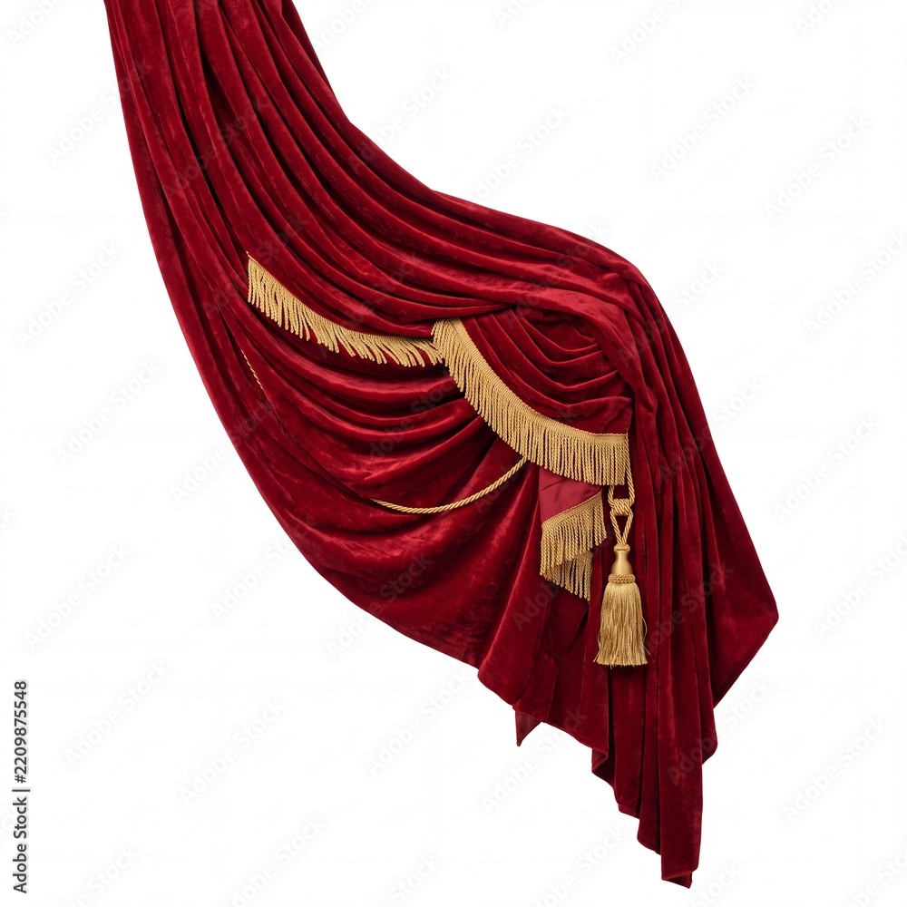 Obraz premium Luxurious Red Velvet Theater Curtain with Gold Tassels and Fringes Isolated on White Background, Elegant Stage Drape for Premiere Event, Award Ceremony, Opera or Classic Cinema Interior